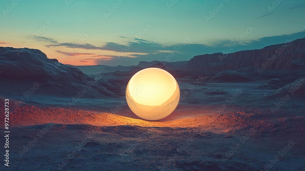 Poster a glowing orb rests on a serene landscape at dusk, casting a warm light against the backdrop of tran