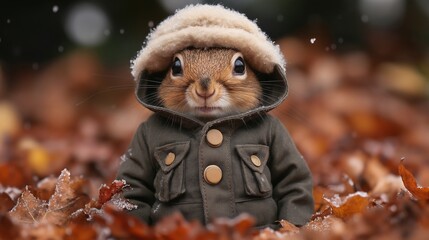 A small squirrel wearing a brown coat and hat is sitting on a pile of leaves. The image has a whimsical and playful mood, as the squirrel is dressed in human clothing and he is posing for a photo