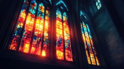 Obraz premium Vibrant stained glass windows illuminate a serene space, showcasing colorful designs that inspire awe and reflection.