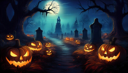  Spooky Halloween night featuring glowing jack-o'-lanterns and an eerie graveyard. _1(812)