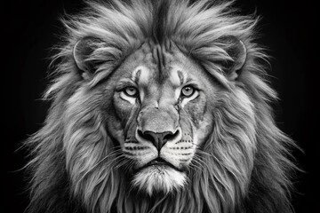 Majestic lion's face rendered in high-contrast black and white, showcasing piercing eyes, whiskers, and a regal mane,