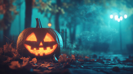 Naklejka premium A glowing Halloween pumpkin sits amidst fallen leaves, casting an eerie light in misty, atmospheric setting. scene evokes sense of mystery and festive spirit