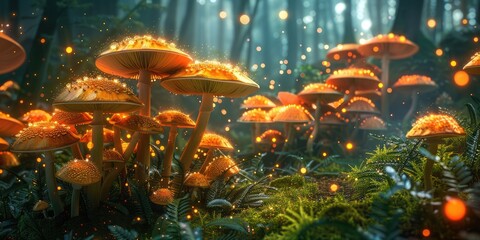 A magical grove of glowing mushrooms illuminates a serene forest floor, creating an enchanting atmosphere at twilight beneath towering trees