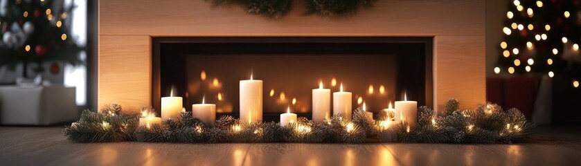 A cozy fireplace adorned with glowing candles and festive decorations, creating a warm holiday atmosphere.