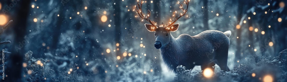Poster a majestic reindeer in a mystical forest illuminated by soft, glowing lights, creating a magical win