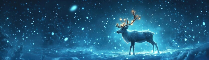 A serene reindeer stands in a snowy landscape, illuminated by soft lights against a magical winter atmosphere.