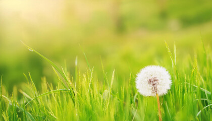 Dandelion Resting on Lush Green Field and Copy Space