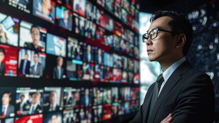 Fototapeta premium A business professional stands thoughtfully, observing multiple digital news displays in a contemporary office setting at night