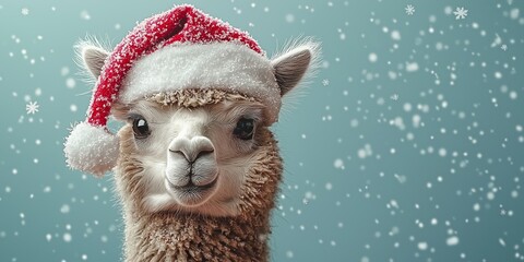 A cute llama wearing a Santa hat and standing in the snow. The image has a festive and joyful mood, as it captures the spirit of the holiday season