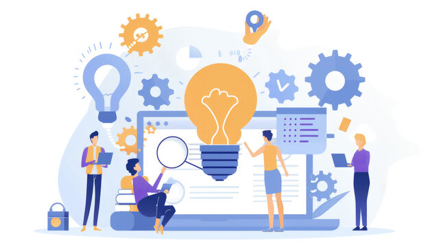 A diverse team collaborates in a modern workspace, generating innovative ideas while utilizing technology and visual tools on their devices