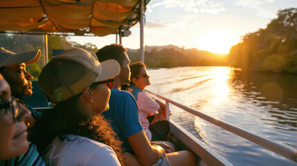 Enthusiastic travelers admire the sunset while cruising along a peaceful river in a scenic natural setting