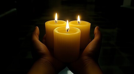 Hands cupping trio of illuminated candles in darkness