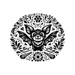 Obraz premium Bat in folk art black and white silhouette illustration