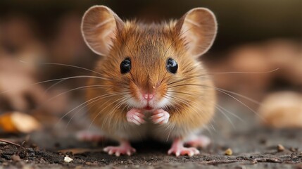 A small brown mouse with its paws on its face. The mouse is looking at the camera. Concept of curiosity and playfulness
