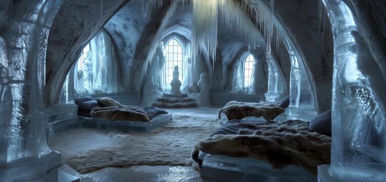 Interior of an ice house with furniture made entirely of ice, including an ice bed covered with fur blankets and ice sculptures as decor.