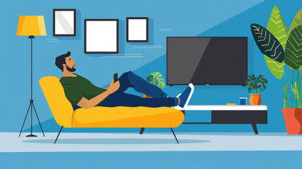 A man sits comfortably on a bright yellow couch in a stylish living room, using his phone while enjoying a relaxed afternoon