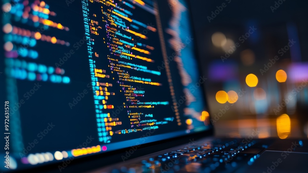 Aufkleber Programming code on a laptop screen with glowing reflections during a late-night coding session. Focused software developer working on code.