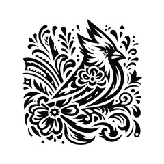 Cardinal bird in folk art black and white silhouette illustration