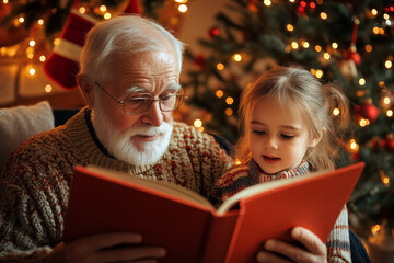 A mid shot of an elderly man reading a Christmas story to his granddaughter by the fireplace, creating a warm and heartwarming holiday scene perfect for family oriented seasonal greetings