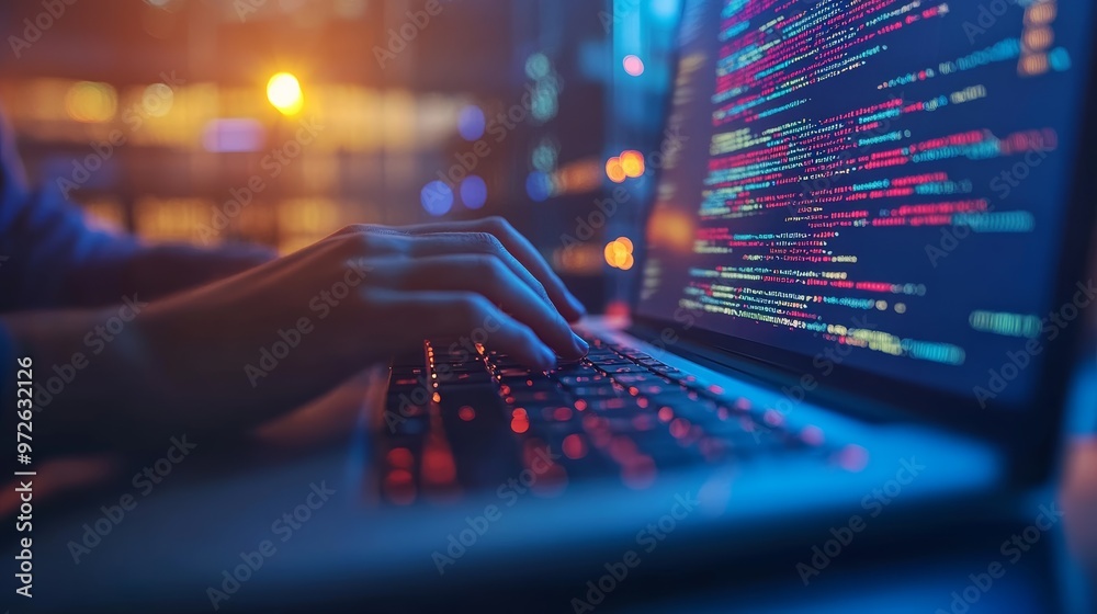 Poster close-up of hands typing code on a laptop with a glowing screen in a modern tech office. focused sof