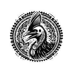 Fototapeta premium Cassowary bird in bohemian black and white silhouette illustration