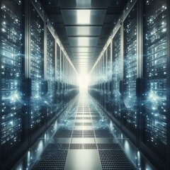 Server Racks in Data Center | Modern Technology Background | Futuristic Digital Landscape | Blue and Neon Server Room | High-Tech Data Center | High Resolution Large Image At 300 PPI