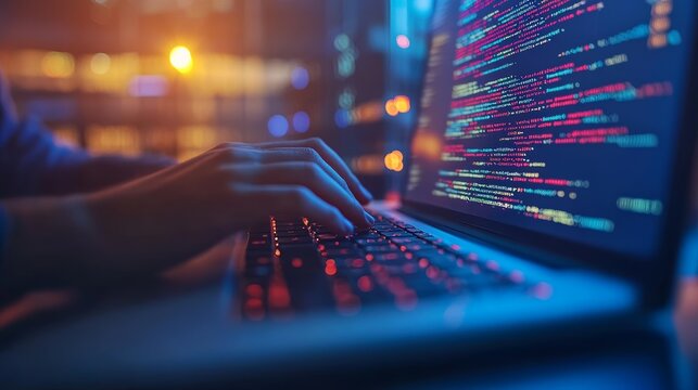 Close-up of hands typing code on a laptop with a glowing screen in a modern tech office. Focused software development