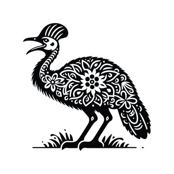 recommend clip art: Cassowary bird in folk art black and white silhouette illustration