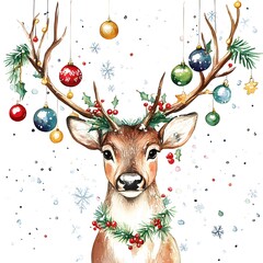 Naklejka premium Watercolor Christmas Reindeer with Baubles and Snowflakes