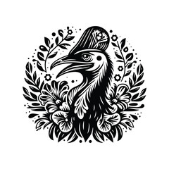 Obraz premium Cassowary bird in folk art black and white silhouette illustration