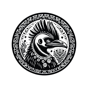 recommend clip art: Cassowary bird in bohemian black and white silhouette illustration
