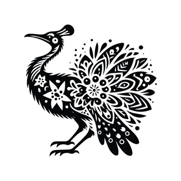 recommend clip art: Cassowary bird in folk art black and white silhouette illustration