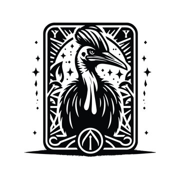 recommend clip art: Cassowary bird in Tarot card black and white silhouette illustration