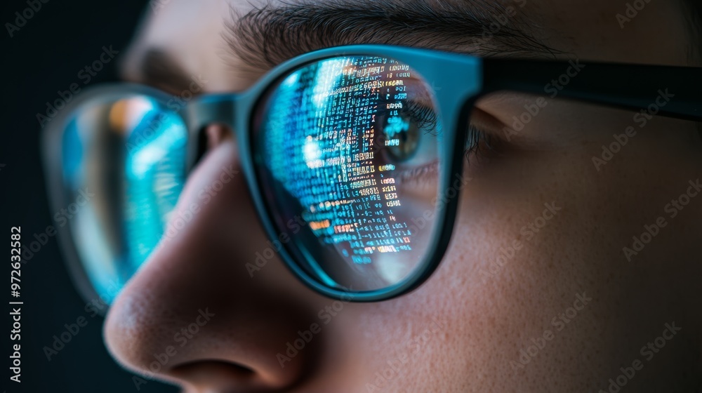 Poster Digital code reflected in glasses as programmer closely observes the screen. Software development and coding concept.