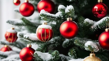 Christmas Tree with Red Ornaments and Snow | Festive Holiday Scene | Snowy Christmas Tree | Red and Green Christmas | Winter Wonderland with Christmas Tree | High Resolution Large Image At 300 PPI