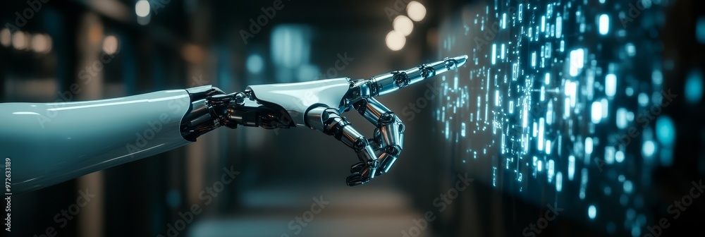 Poster Robotic hand interacting with a digital holographic interface in a futuristic environment. AI and programming concept.