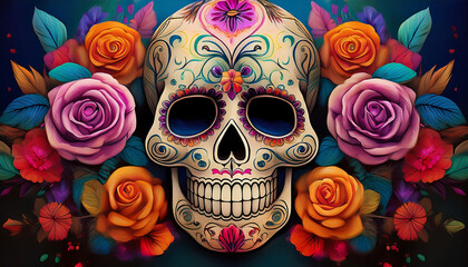  Sugar skulls and roses, combining traditional Day of the Dead imagery with floral elements._1(832)