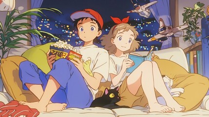 Naklejka premium VHS Movie Night, Animated teenagers enjoying a nostalgic movie experience, surrounded by popcorn and pillows, capturing the essence of 90s home entertainment fun.