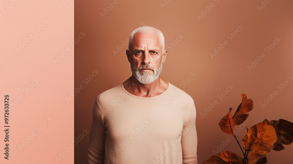 Wall mural A man with a beard and white hair is standing in front of a plant