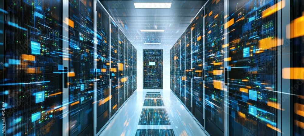 Poster server room with data flow. big data information, cloud computing technology. information security