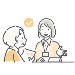 窓口で書類を提出するシニア女性　シンプルでお洒落な線画イラスト