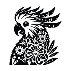 Cockatoo bird in folk art black and white silhouette illustration