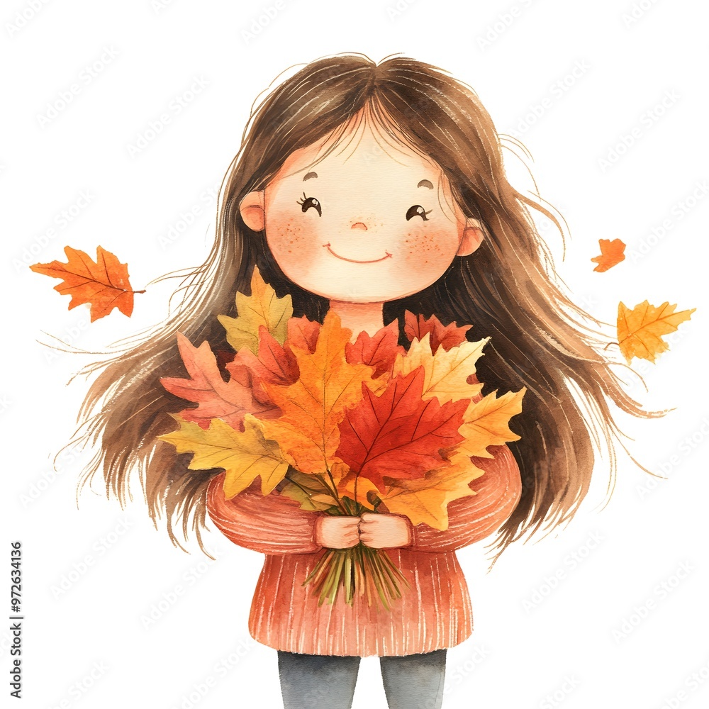 Sticker Happy Girl Holding Autumn Leaves Watercolor Illustration