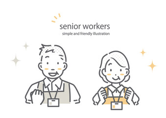 活き活き働くシニア女性とシニア男性　シンプルでお洒落な線画イラスト