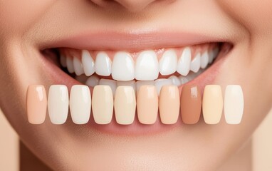 Obraz premium Use this image to create a dental care blog post about how to choose the perfect tooth shade for your skin tone