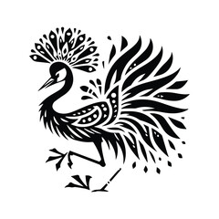 Crowned Crane bird in folk art black and white silhouette illustration