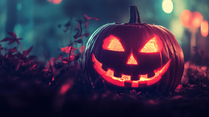 Fototapeta premium A glowing Halloween pumpkin with carved face sits amidst dark foliage, creating spooky atmosphere perfect for festive season