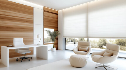 Fototapeta premium A contemporary doctorâs office with a minimalist aesthetic, featuring a clean white desk, comfortable chairs, and sleek window blinds, the design focused on simplicity and function