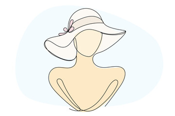 Doodle One Line Drawn Female Summer Beach Hat Symbol. Line Art Hat Sketch Drawn One Editable Continuous Line. Abstract Simple Outline Minimalist Sketch Isolated on White Background	
