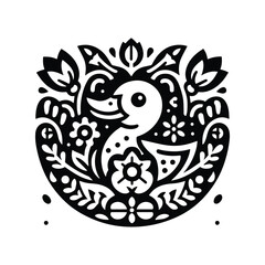 Duck bird in folk art black and white silhouette illustration